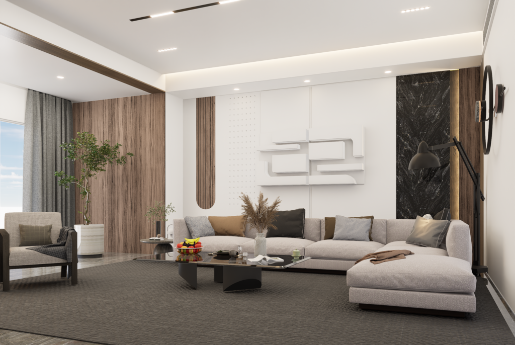 Elegant living room with a stylish sofa and decor in a modern setting.